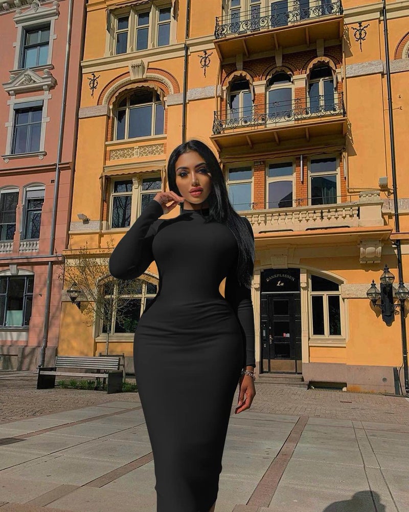 GOBLES Women's Elegant High Neck Long Sleeve Bodycon Midi Party Long Dress Black - Image 5